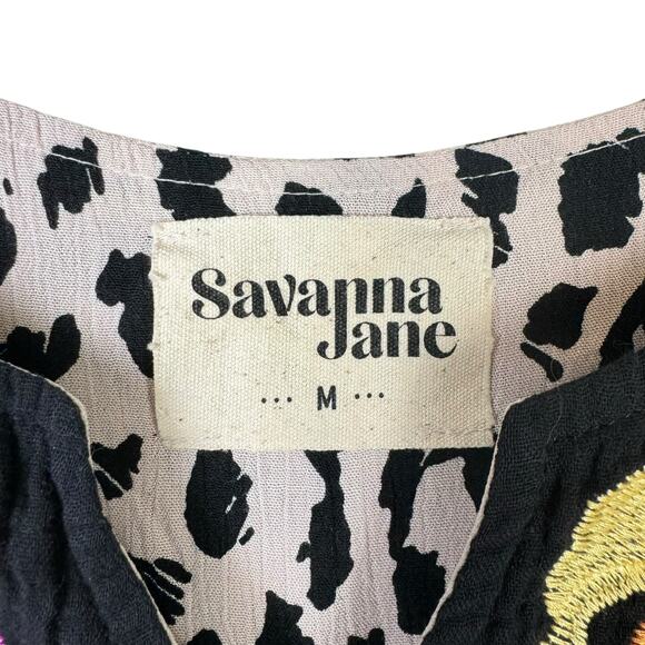 Savanna Jane Cheetah Print Flower Embroidered Mini Bohemian Tunic Shift Dress - Picture 11 of 12